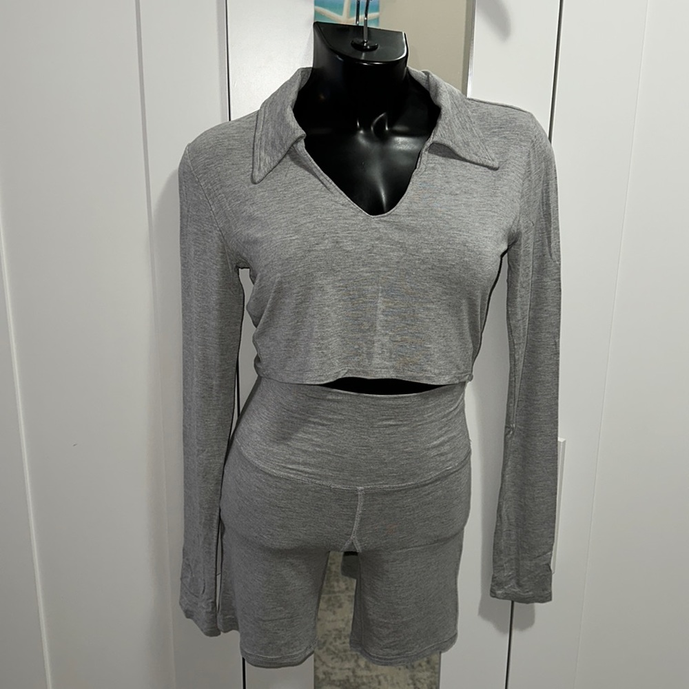 Plush heather light gray 2 piece crop top biker shorts pajama pj set S revolve